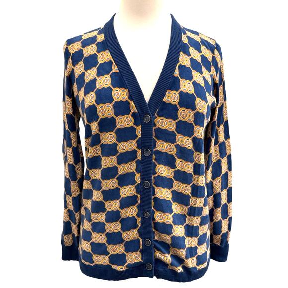 J McLaughlin Kristyn Cardigan XS Blue Heraldic Knot Print Button Front Sweater - Picture 1 of 11